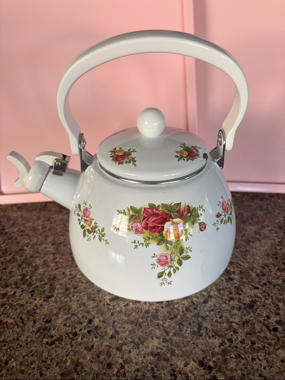 Old Country Rose White by Royal Albert Floral Enamel Tea Kettle